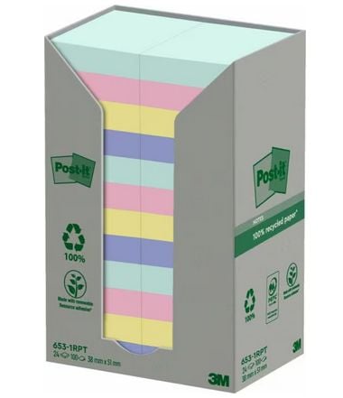 Post-it 653-1RPT - Noter - 38 x 51 mm - 2400 ark (24 x 100) - blå, grønn, lysegrønn, grå