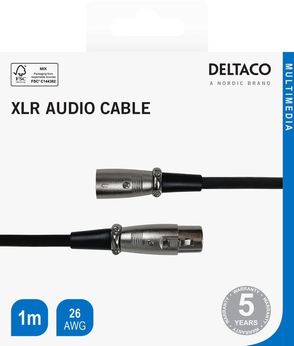 DELTACO - Mikrofonkabel - XLR3 hann til XLR3 hunn - 1 m - dobbeltisolert - svart