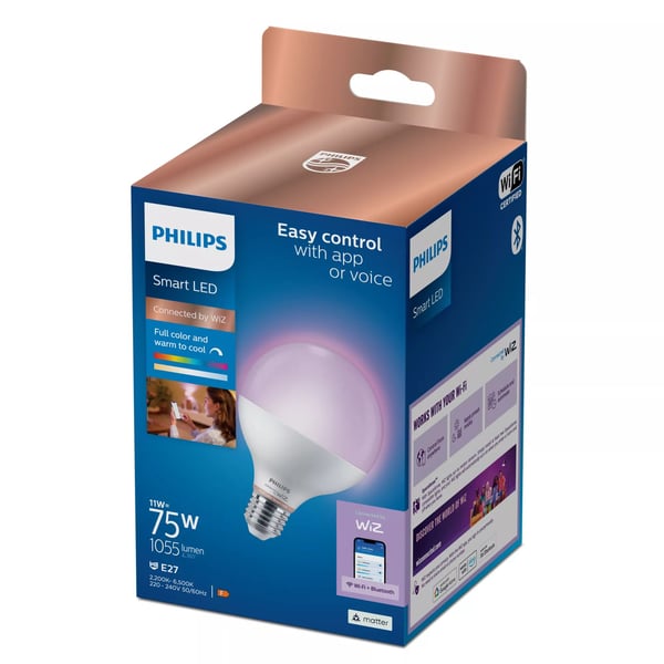Philips Smart LED - LED-glödlampa - form: G95 - glaserad finish - E27 - 11 W (motsvarande 75 W) - klass F - varmt till kallt vitt ljus - 2200-6500 ...