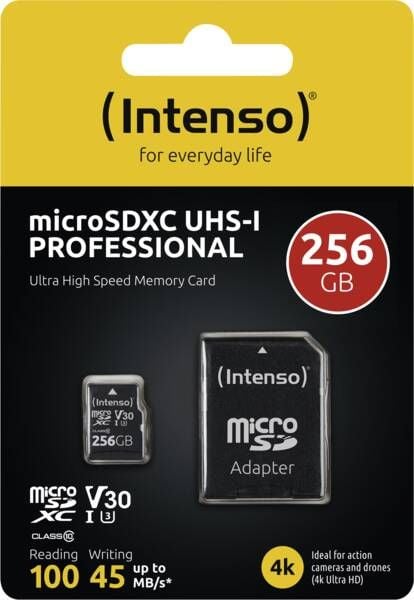 Intenso Professional - Flashminnekort (microSDXC til SD-adapter inkludert) - 256 GB - Video Class V30 / UHS-I U3 / Class10 - microSDXC UHS-I