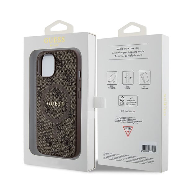 Originalt GUESS frontpaneldeksel GUHMP15SG4GFRW for iPhone 15 (kompatibel med Magsafe / 4G Ring klassisk logo / Brun)