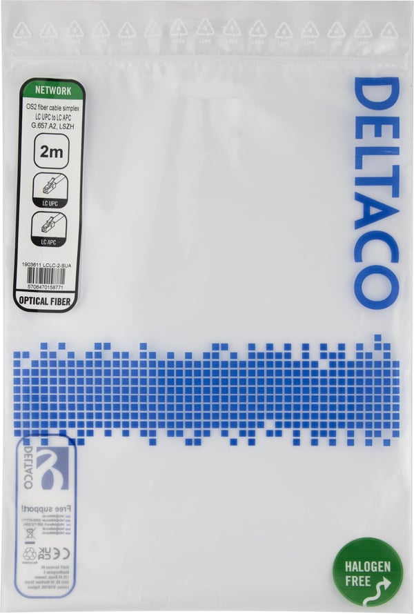 DELTACO - Nettverkskabel - LC/UPC-enkeltmodus (hann) til LC/APC-enkeltmodus (hann) - 2 m - 2 m - fiberoptisk - simpleks - G.657.A2/OS2 - halogenfri...