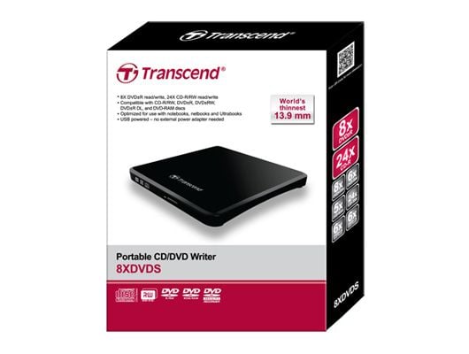 Transcend 8X DVDS-K - Platestasjon - DVD±RW (±R DL) / DVD-RAM - 8x/8x/5x - USB 2.0 - ekstern - svart