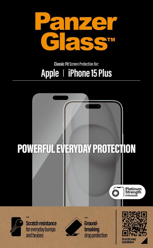 PanzerGlass™ | Classic-Fit - Skjermbeskyttelse for mobiltelefon - Krystallklar | Apple iPhone 15 Plus