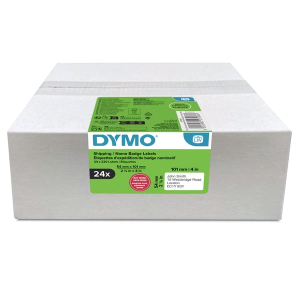 DYMO etiketten LabelWriter ft 101 x 54 mm, wit, 220 etiketten, multipack van 24 rollen, Hvid, Papir, 5,4 cm, 10,1 cm, 5280 stk, 220 stk