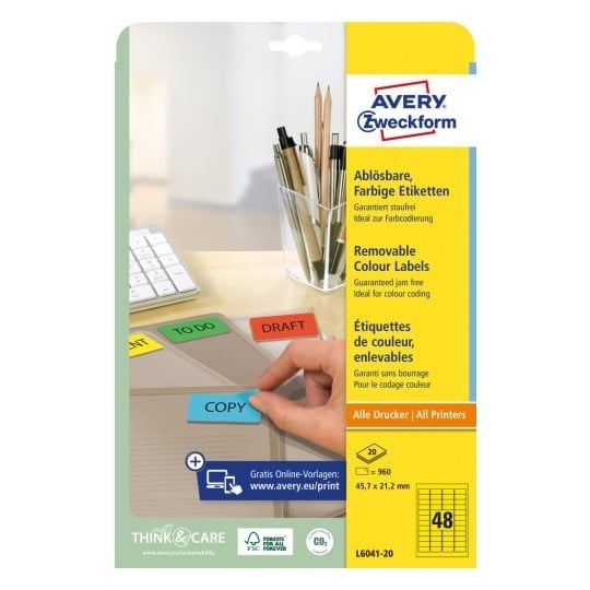 Avery L6041 - Gul - 21.2 x 45.7 mm 960 stk (20 ark x 48) merkelapper