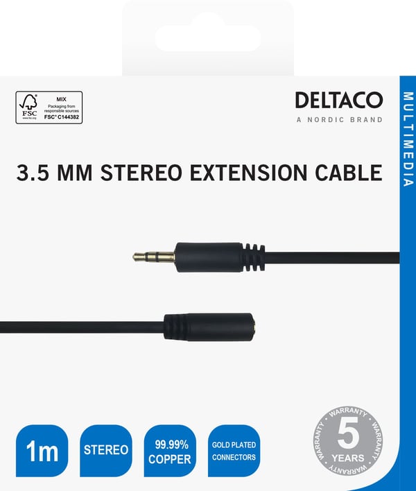 DELTACO - Lydforlengelseskabel - 3,5 mm stereo hann til 3,5 mm stereo hunn - 1 m - svart