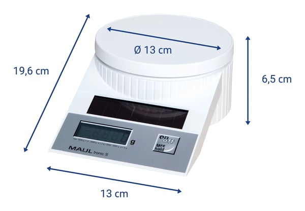 MAUL Solar Letter Scales MAULtronic S. 5000 gr. White, Sähkökäyttöinen postivaaka, 5 kg, 5 g, Valkoinen, 196 x 130 x 65 mm