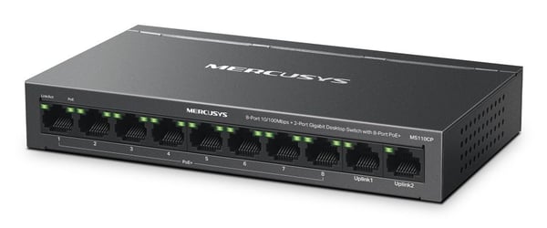 Mercusys MS110CP nettverksswitch med 8 porter à 10/100 Mbps + 2 Gigabit PoE-porter, svart