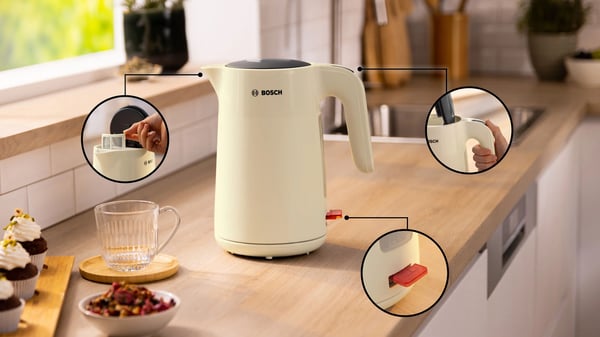 Bosch TWK2M161, 1,7 L, 2400 W, Valkoinen, Muovi, Veden tason ilmaisin, Ylikuumenemissuoja