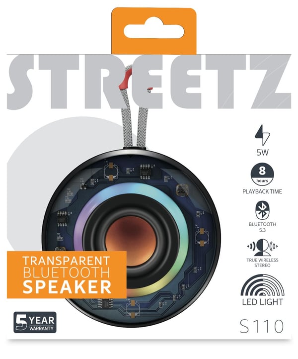 Streetz Läpinäkyvä Bluetooth-kaiutin TWS- ja LED-valotehosteilla, 5 W, 5 W, 100 - 20000 Hz, 4 O, 75 dB, Langaton, 10 m