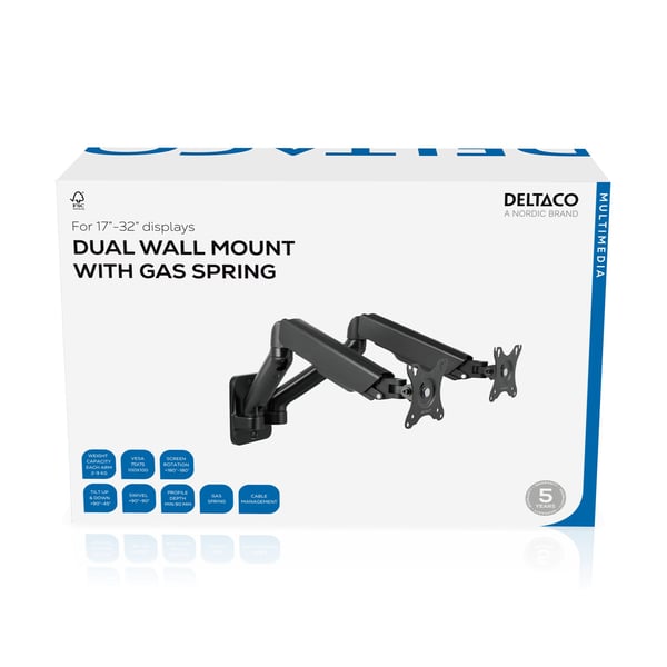 Deltaco ARM-0361 veggfeste for to skjermer 17"-32", gassfjær, svart