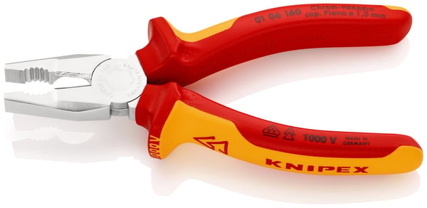 Knipex 01 06 160, Lineman-tång, Stötsäker, Dielektrisk, Kromvanadinstål, Plast, Orange, Röd, 55 mm