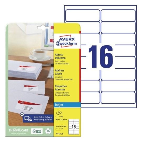 Avery - Hvit - 99.1 x 33.9 mm 400 etikett(er) (25 ark x 16) adresselapper