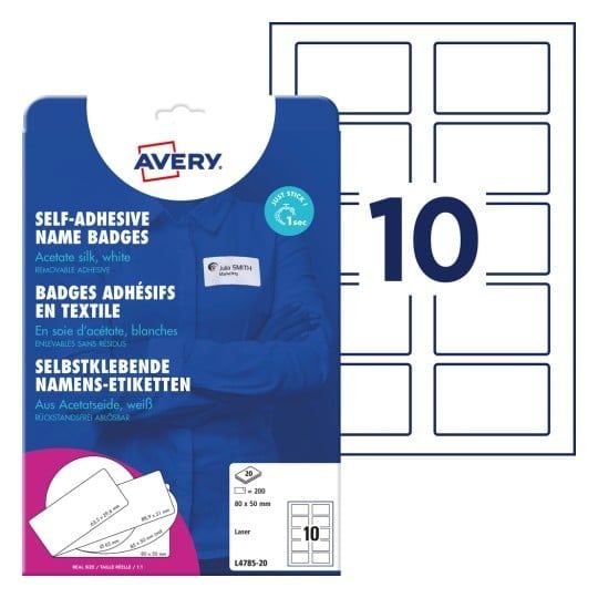 Navneetiketter, Avery L4785-20, 50 x 80 mm, 10 pr. ark, 20 ark