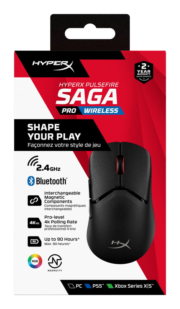 HyperX Langaton Pulsefire Saga Pro -pelihiiri (musta), Molempikätinen, Optinen, RF Wireless + Bluetooth + USB Type-C, 3200 DPI, Musta