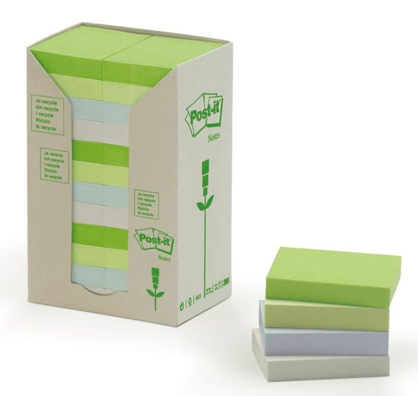 Post-it 653-1RPT - Noter - 38 x 51 mm - 2400 ark (24 x 100) - blå, grønn, lysegrønn, grå
