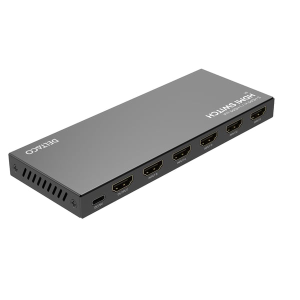 DELTACO - Video-/audiokytkin - 5 tuloa 1 lähtö, 8K@60Hz, kaukosäätimellä - 6 x HDMI - pöytätietokoneet