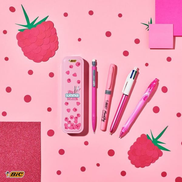BIC Summer Pink Box, Klips, Uttrykkbar kulepenn med hengefeste, Gjenfyllbar, Svart, Blå, Grønn, Rød, 5 stykker
