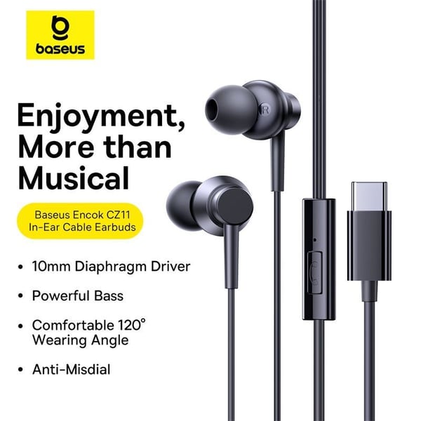 Baseus ENCOK CZ11 WIRED EARPHONES CLUSTER BLACK, Langallinen, Puhelut/Musiikki/Urheilu/Päivittäinen, Kuulokkeet, Musta