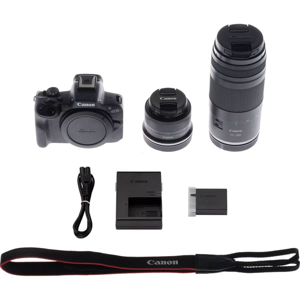Canon EOS R50 -kamera, RF-S 18–45 mm + RF 75–300 mm, musta