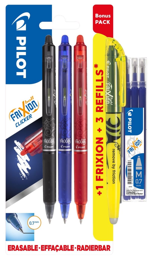 Pilot FriXion Clicker 0,7 mm bonuspaket med 3 st. assorterade färger - inkl. överstrykningspenna och 3 refills