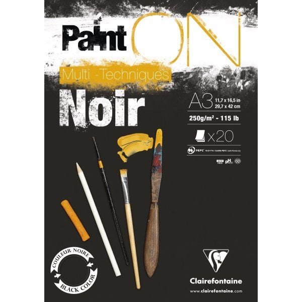 Paint-On block A3 250 g 20 ark svart papper, multi teknik, topplimning