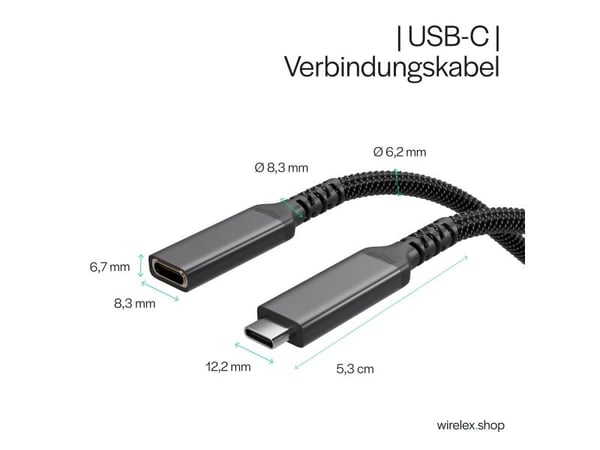 USB-C-forlengelseskabel USB-C >USB-C-kontakt 3.2 PD tekstil 0,5 m