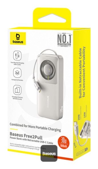 Baseus Free2Pull 10000mAh 30W tehopankki USB-C-portilla ja sisäänvedettävällä USB-C-kaapelilla - harmaa