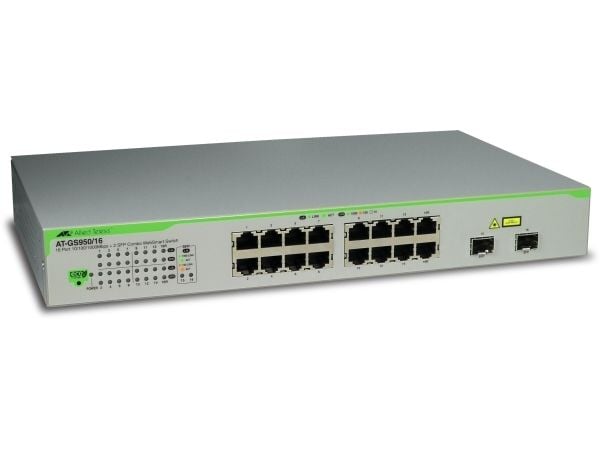 Allied Telesis AT GS950/16 WebSmart-kytkin - Kytkin - Hallinta - 16 x 10/100/1000 + 2 x GBIC - pöytätietokoneet