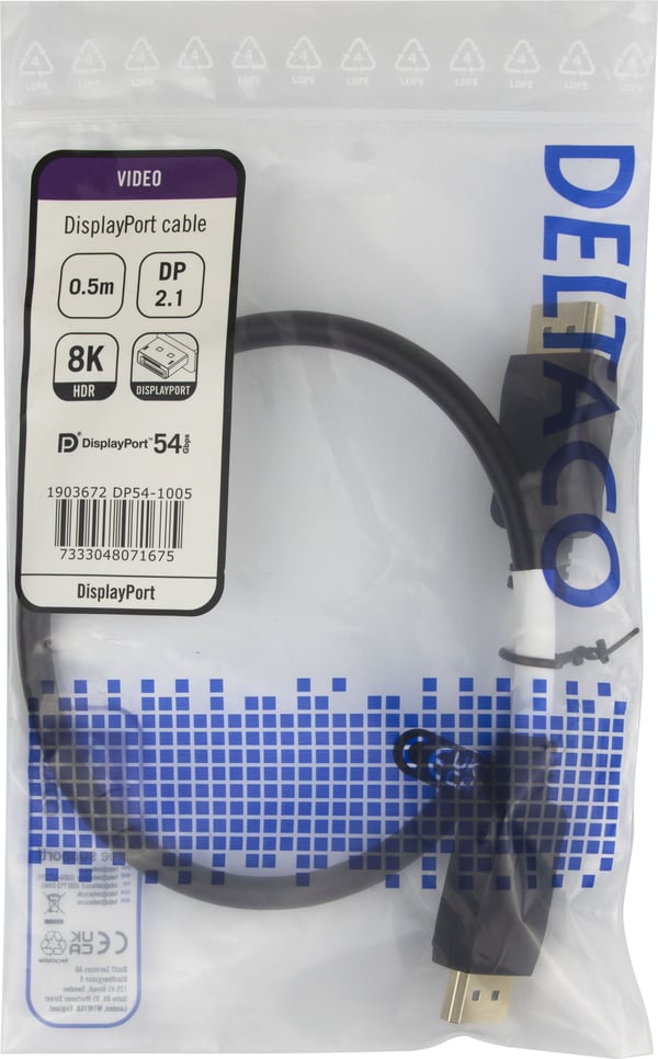 DELTACO - DisplayPort-kabel - DisplayPort (hann) låst til DisplayPort (hann) låst - DisplayPort 2.1a - 50 cm - VESA DP54 Certified, 8K 60Hz støtte ...