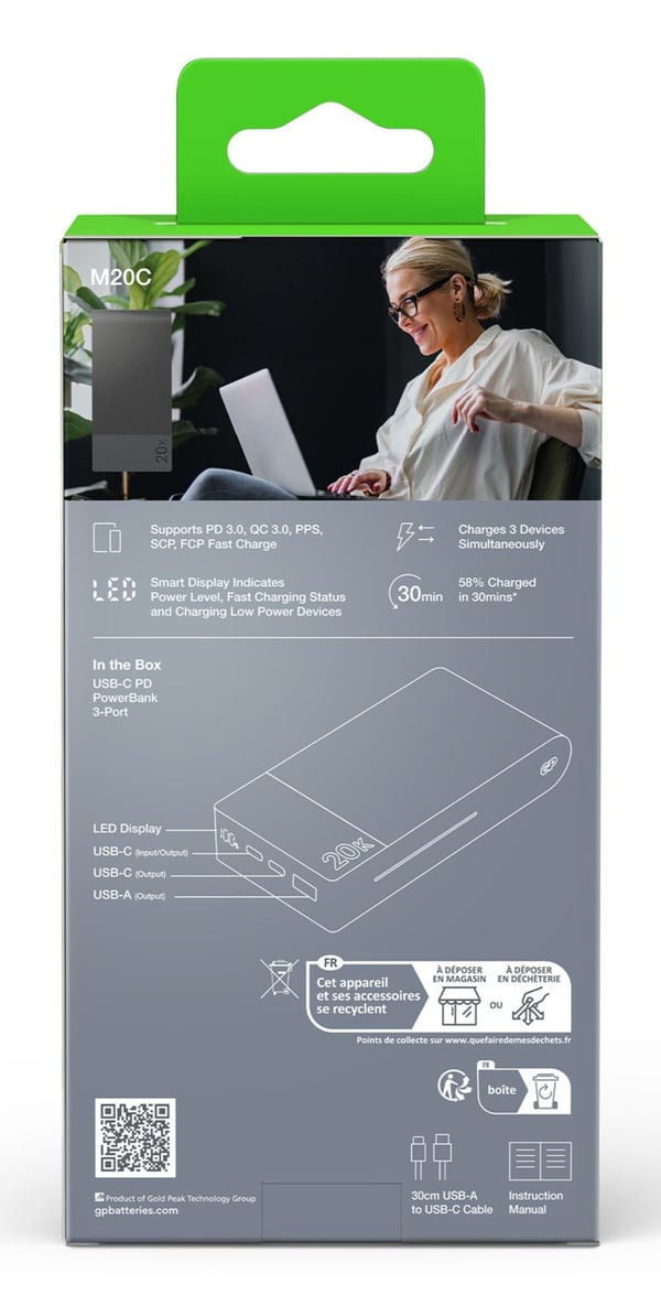 GP Battery GP PowerBank M2+ 20C 20000mAh 2xUSB-C/1xUSB-A musta LED (GPPBM20CGYMSR287)
