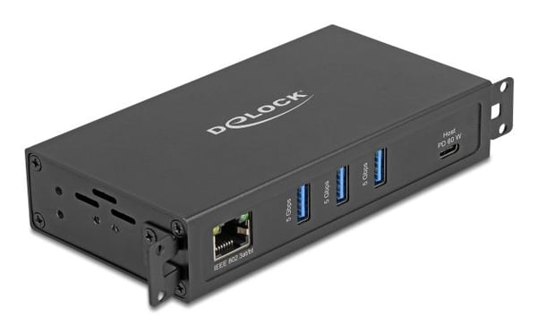 Delock - Hub - RJ45, 1.5 kV isolation - 3 x USB 3.2 Gen 1 + 1 x USB-C 3.2 Gen 1 (strømforsyning) + 1 x 1 Gigabit Ethernet - stasjonær, overflatemon...