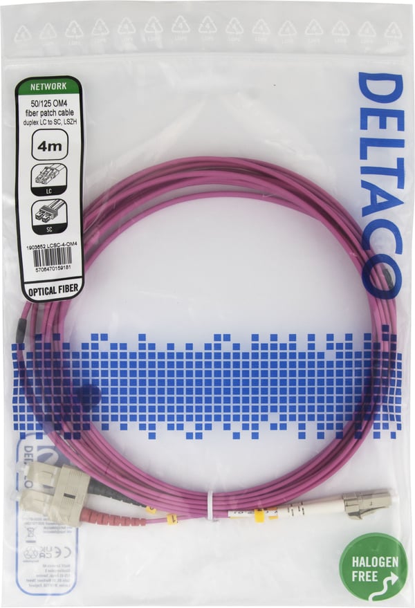 DELTACO - Koblingskabel - LC/UPC-multimodus (hann) til SC/UPC-multimodus (hann) - 4 m - 4 m - fiberoptisk - dupleks - OM4 - halogenfri - rosa