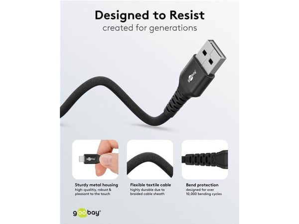 Goobay 74503, 1 m, Lightning, USB A, urosliitin, urosliitin, musta