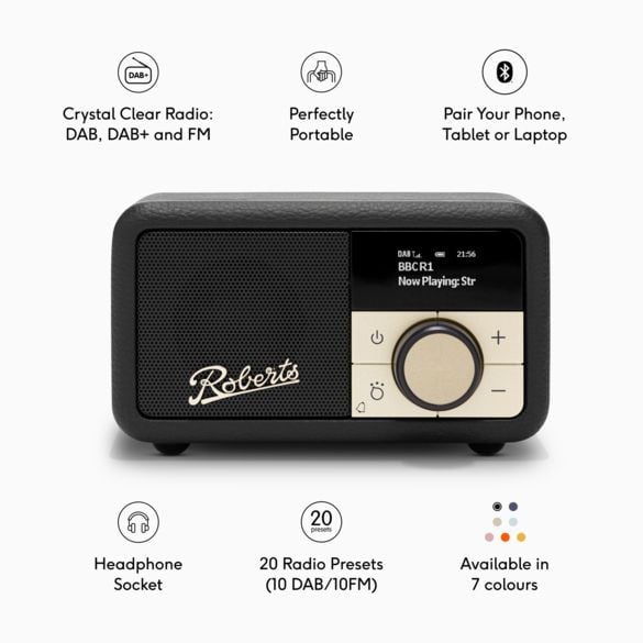 Roberts Radio Revival Petite 2, Bærbar, Digitalt, DAB, DAB+, FM, 3,5 mm, Svart, Batteri