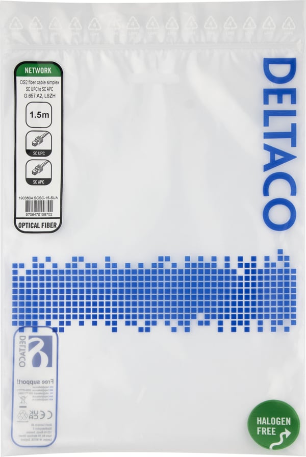 OS2 Fiberkabel, SC - SC, simplex, UPC/APC, 1,5m