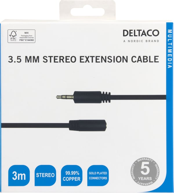 Deltaco 3,5:n mm stereojatkokaapeli, 3 m, musta, 3.5mm, Uros, 3.5mm, Naaras, 3 m, Musta