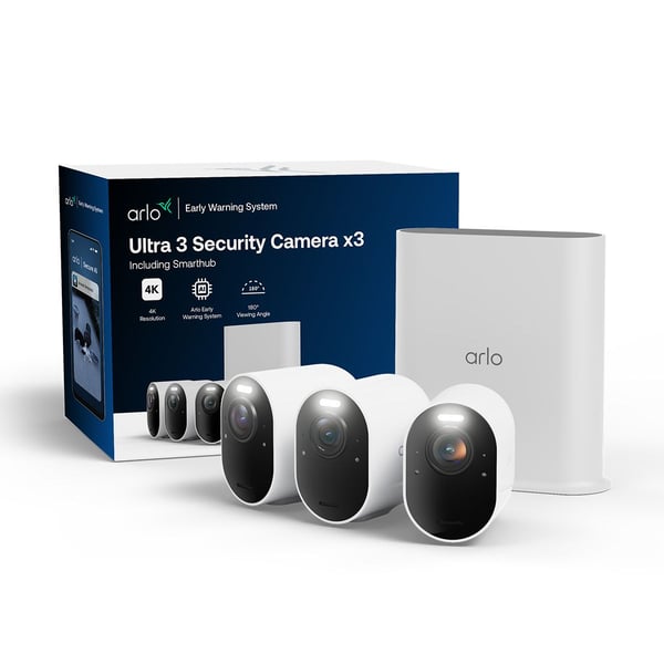 Arlo Ultra 3 4K -ulkovalvontakamera, 3-pack, IP-turvakamera, Ulkona, Langallinen & langaton, 7,5 m, Amazon Alexa & Google Assistant, Tanska, Saksa,...