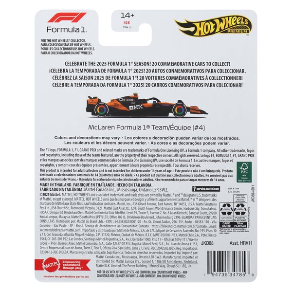 Hot Wheels Premium F1 racerbil 1:64, McLaren Lando Norris #4