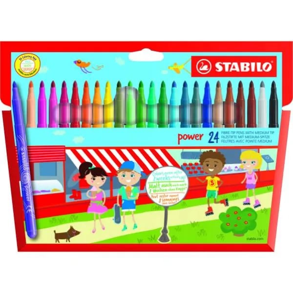 Stabilo Power Børnetusch 24 farver - 2mm streg - kan tåle at ligge uden hætte i op til 8 uger uden at tørre ud