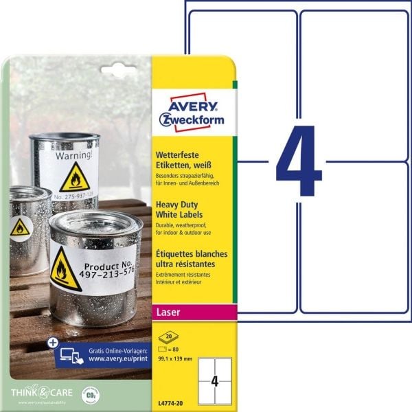 Avery Heavy Duty Laser Labels - Polyester - hvit - 99.1 x 139 mm 80 etikett(er) (20 ark x 4) merkelapper