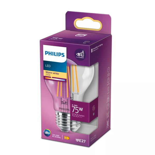 Philips - LED-lyspære - form: A60 - klar finish - E27 - 8.5 W (ekvivalent 75 W) - klasse E - varmt hvitt lys - 2700 K