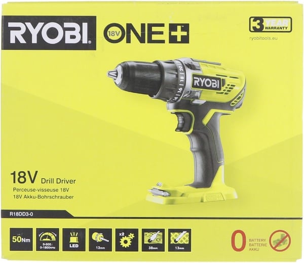 Ryobi R18DD3-0, Akkuruuvinväännin, Pistoolikahva, Musta, Vihreä, Ylikuumeneminen, 1800 RPM, 500 RPM