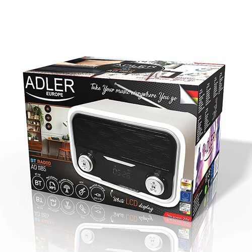 Adler AD 1185, Kannettava, FM, LCD, Micro-USB, USB A-tyyppi, Valkoinen, Yksivärinen