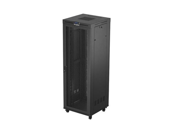 Lanberg FF01 series - Rack skap - 800 x 800, flat pack, with mesh door, LCD - med LCD-skjerm, termostat, 4 kjølevifter - fritt stående, står på gul...