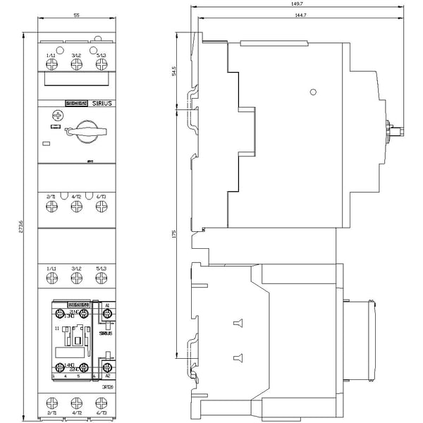 Siemens 3RA2130-4JA37-0NB3 3RA21304JA370NB3 Verbraucherabzweig Motorleistung bei 400 V 30 kW 690 V Nennstrom 55 A, 274 mm, 189 mm, 303 mm, 70 mm, 2...