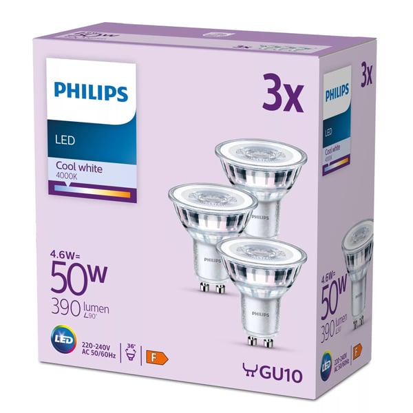Philips LED Classic - LED-pære for søkelys - klar finish - GU10 - 4.6 W (ekvivalent 50 W) - klasse F - kjølilg hvitt lys - 4000 K (en pakke 3)