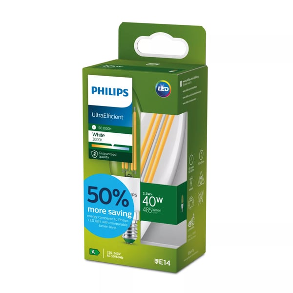 Philips - LED-glödlampa - form: B35 - klar finish - E14 - 2.3 W (motsvarande 40 W) - klass A - vitt ljus - 3000 K
