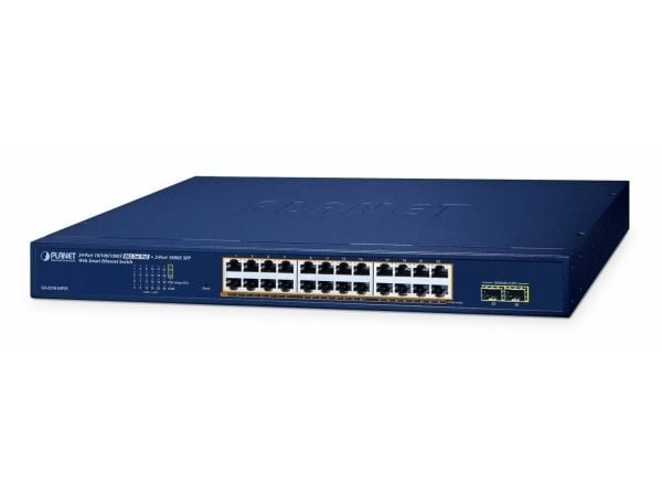 PLANET 24-Port 10/100/1000T 802.3at PoE + 2-Port 1000X SFP Web Smart Ethernet Switch (260W PoE Budget, 802.1Q VLAN, Link Aggregation, IGMP, Håndter...